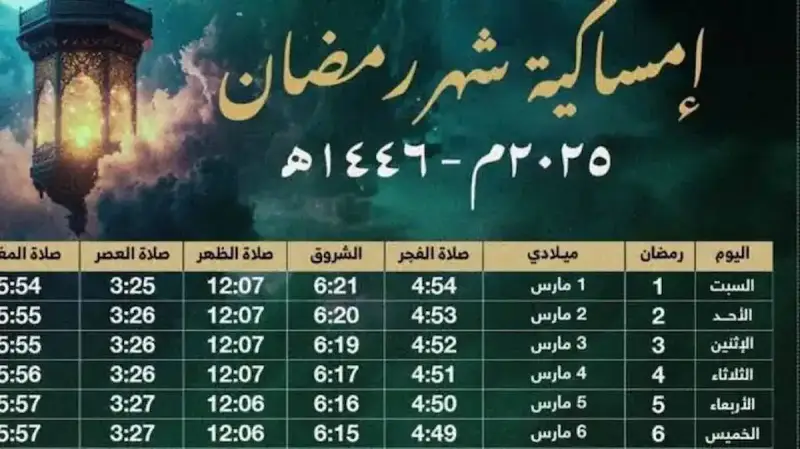 إمساكية شهر رمضان 2025