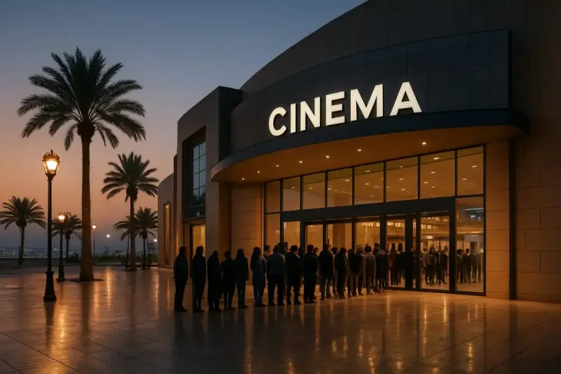 واجهة سينما حديثة في جدة مع متابعين يصطفون للدخول مساءً