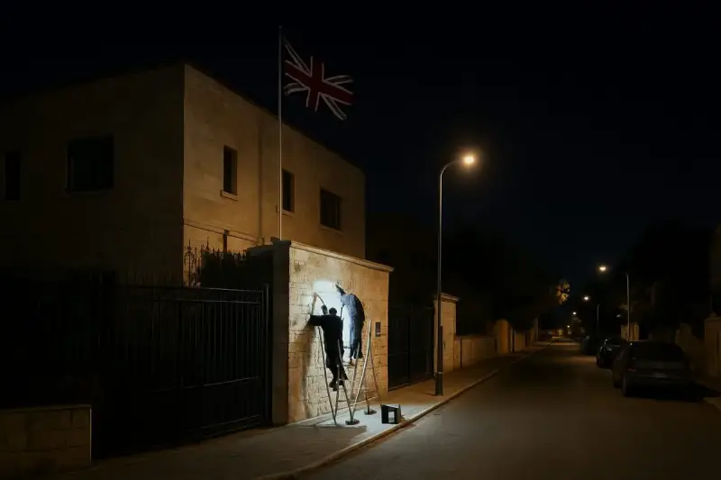 مقر القنصلية البريطانية في القدس الشرقية ليلاً مع عمال يزيلون لوحات والعلَم البريطاني مرفوع