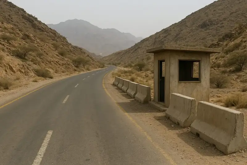 طريق جبلي هادئ عند المدخل الجنوبي لمدينة تعز قرب وادي الضباب